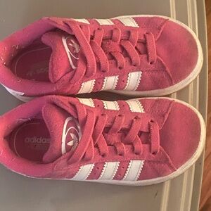 adidas Kids Pink Suede Sneakers with White Stripes